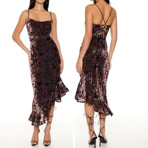 FOREVER 21 Chiffon Velvet Black & Pink Asymmetrical Ruffle Backless Maxi Dress